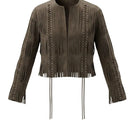 Double A Caniayla suede jacket in olive, shown with front view, featuring a classic collar and smooth suede texture.