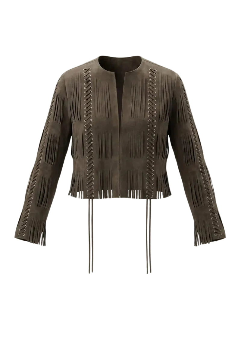 Olive green Caniayla suede jacket by Double A, shown on a hanger with a smooth suede texture and classic jacket design.