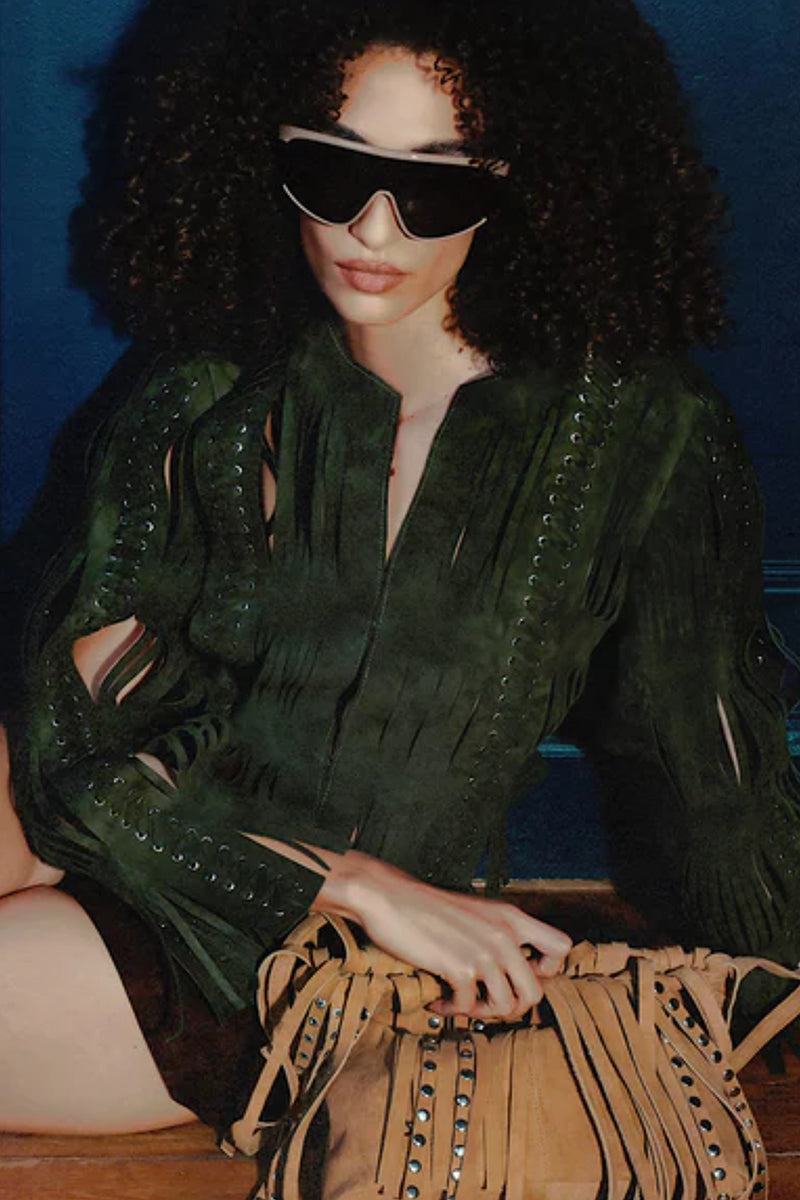 Double A Caniayla suede jacket in olive, featuring a stylish design with a smooth texture and classic collar detail.