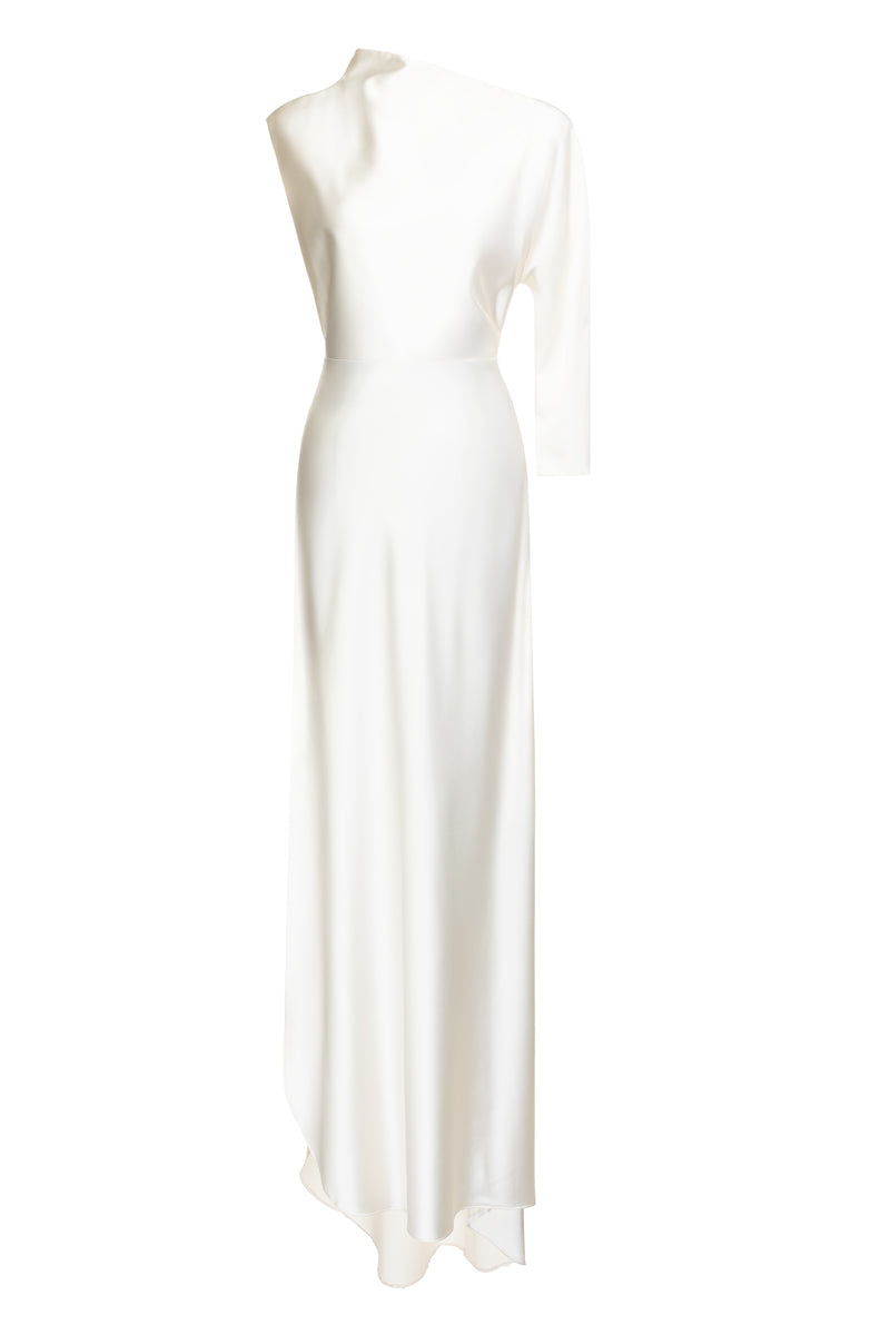 Elegant white Cannes Pearl Dress gown by Matters, featuring intricate pearl embellishments and flowing fabric.