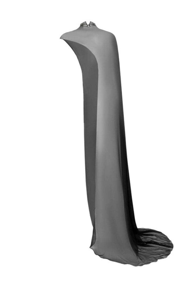 Black long cape cardigan by Santa Brands, featuring a flowing design and open front, perfect for layered winter style.