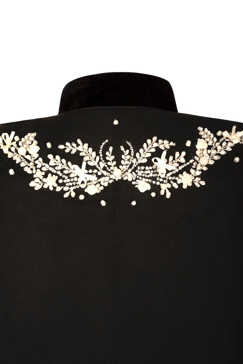 Nadya Shah Cape Nocturne jacket back detail showing elegant design and fabric texture.