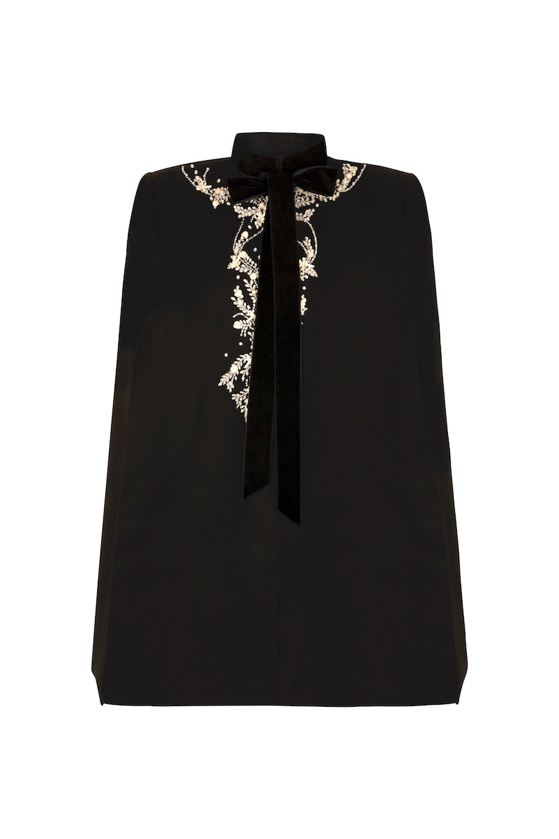 Nadya Shah Cape Nocturne jacket in black with flowing fabric and hood, stylish outerwear for a sophisticated look.