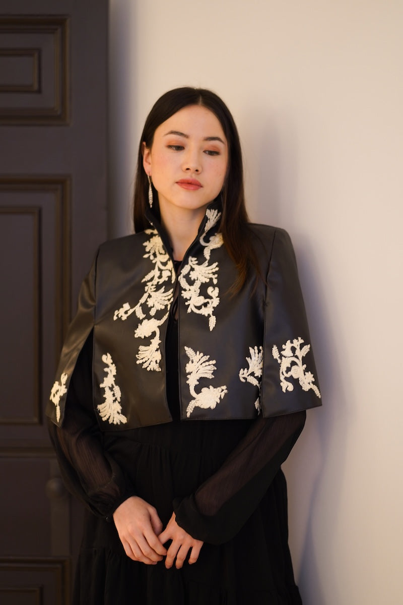 Nadya Shah Cape Victoire jacket with front view, stylish outerwear featuring a tailored design and elegant fabric.