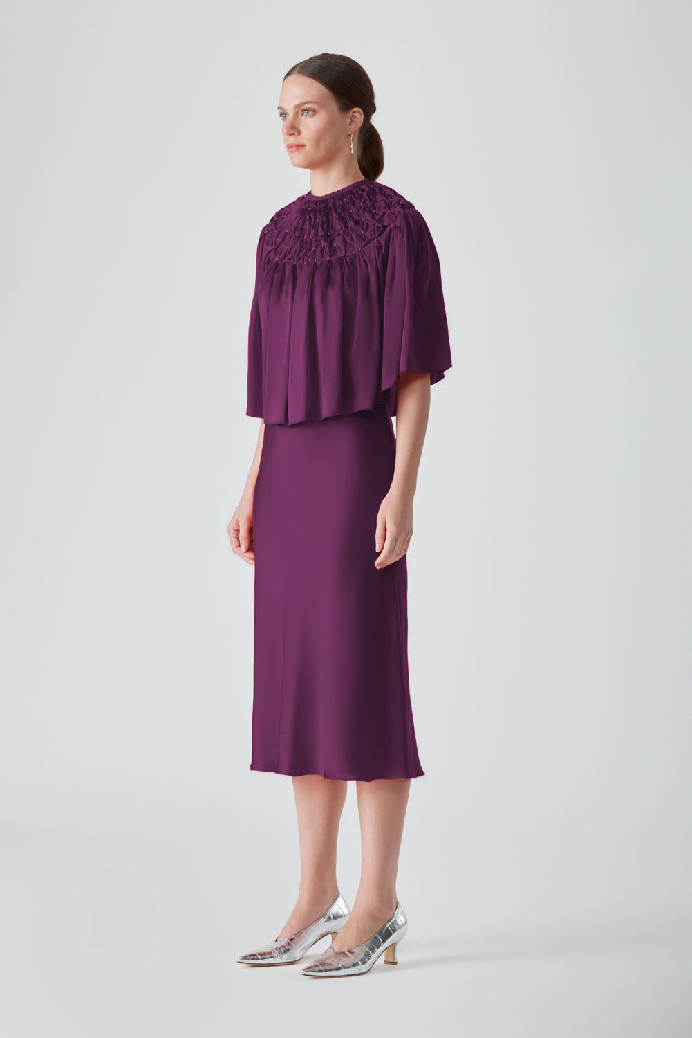 Aubergine MASTANI slip dress in midi length, featuring a sleek design and soft fabric, perfect for elegant occasions.