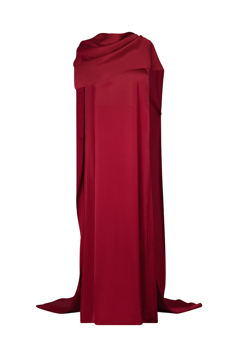 Red Valenciani cape collar gown featuring a flowing maxi dress with elegant cape details and a sophisticated silhouette.