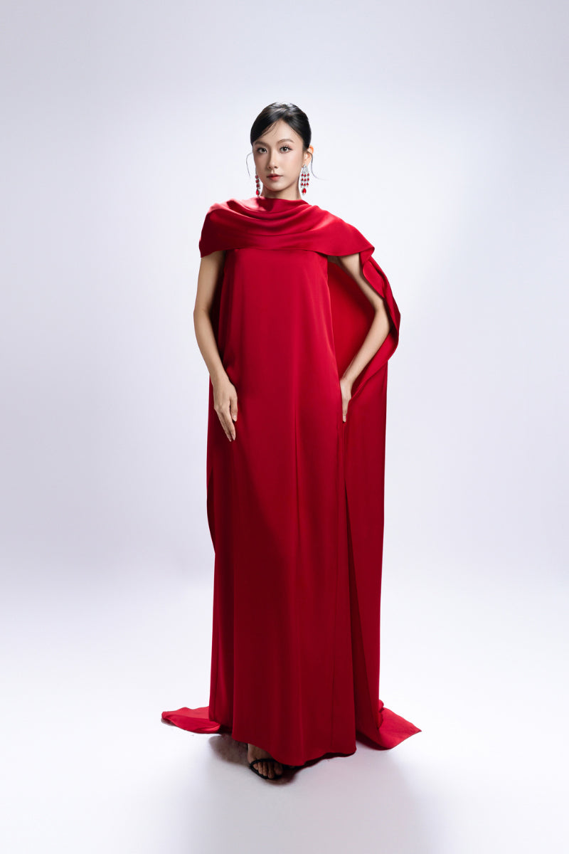 maxi cape dress formal Jovea | Black Round-Neck Maxi Dress With Cape-Sleeve