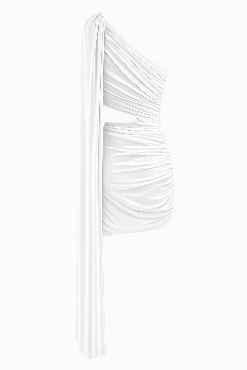 White Capella dress by Gigii's styled as a mini skirt, featuring a sleek, fashionable design with a fitted silhouette.