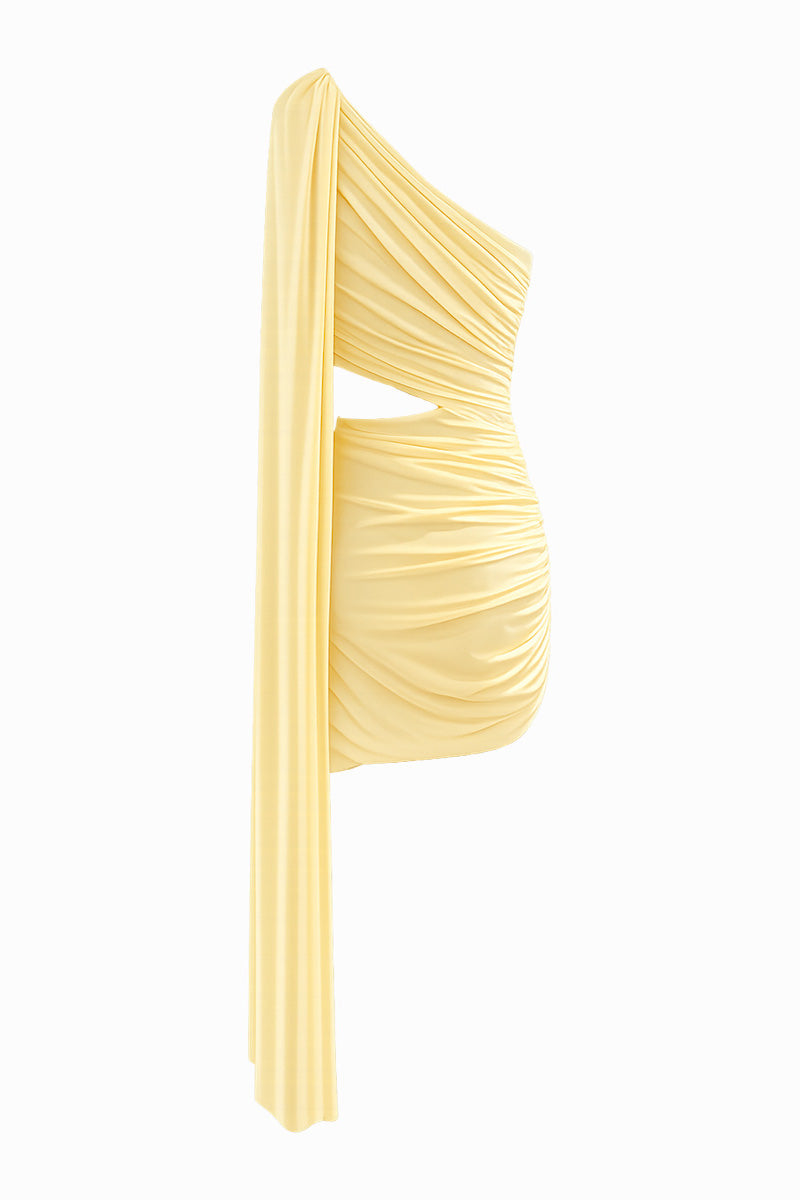 Gigii's Capelia yellow mini dress shown from the back, stylish sleeveless design in vibrant butter yellow fabric.