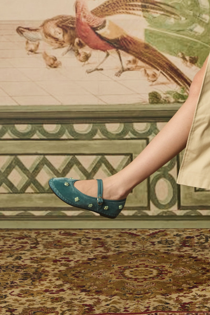 Flabelus Pierre Flowers green flats with floral design, stylish slip-on footwear for women, on a neutral background.