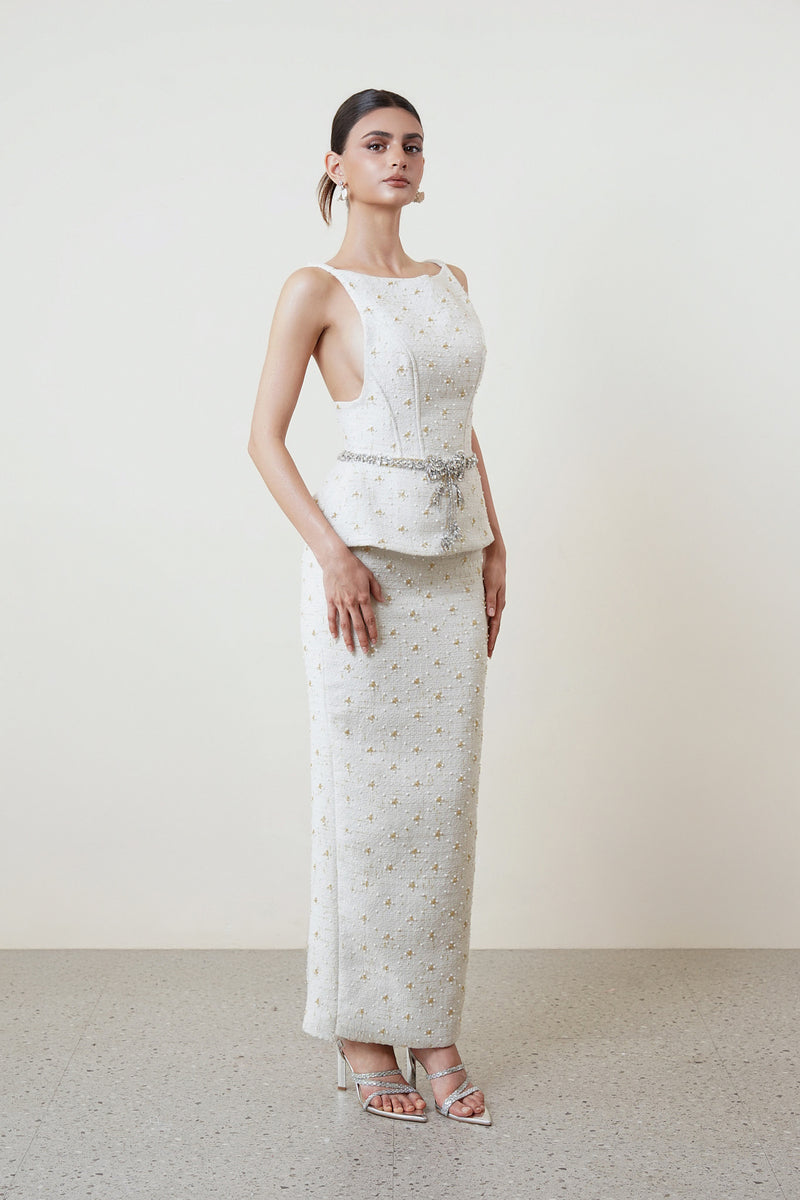 White Tweet co-ord set by HACCHIC COUTURE featuring a stylish top and matching skirt, perfect for trendy, coordinated outfits.