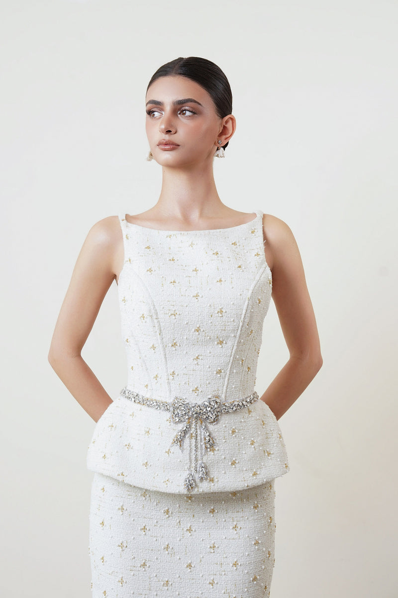 White Tweet top and skirt set by HACCHIC COUTURE, stylish co-ords with fitted top and matching skirt, ideal for trendy outfits.