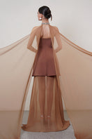 Brown strapless gown with matching cape by HACCHIC COUTURE, elegant floor-length dress displayed on a mannequin.