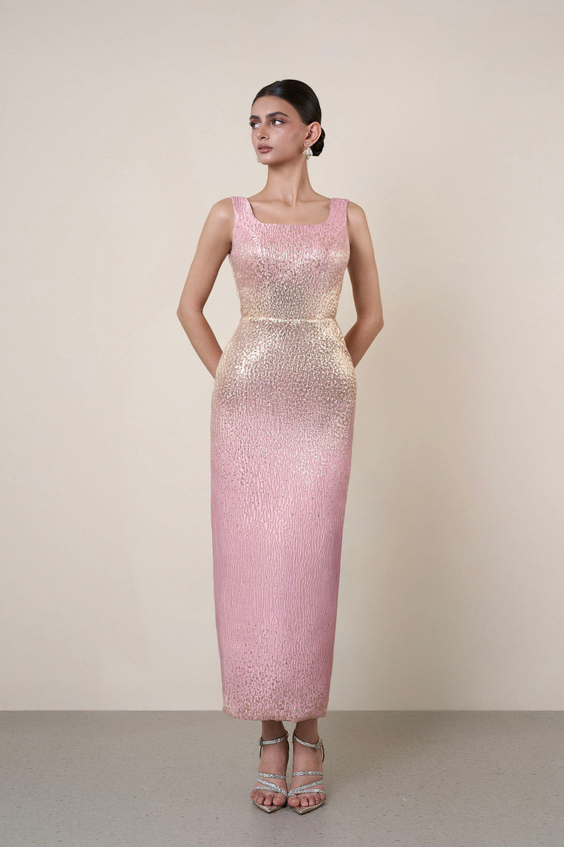 BROCADE OPEN BACK DRESS IN PINK - CULT MIA