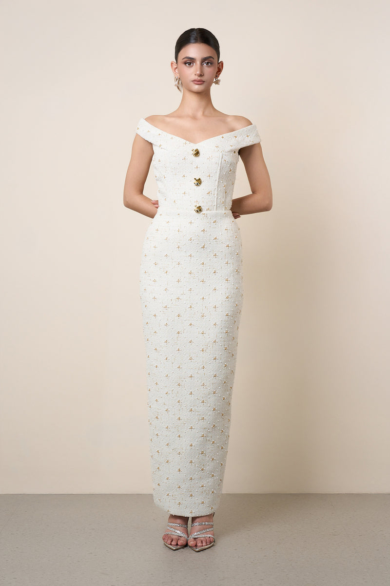 OFF-SHOULDER MIDI DRESS IN WHITE