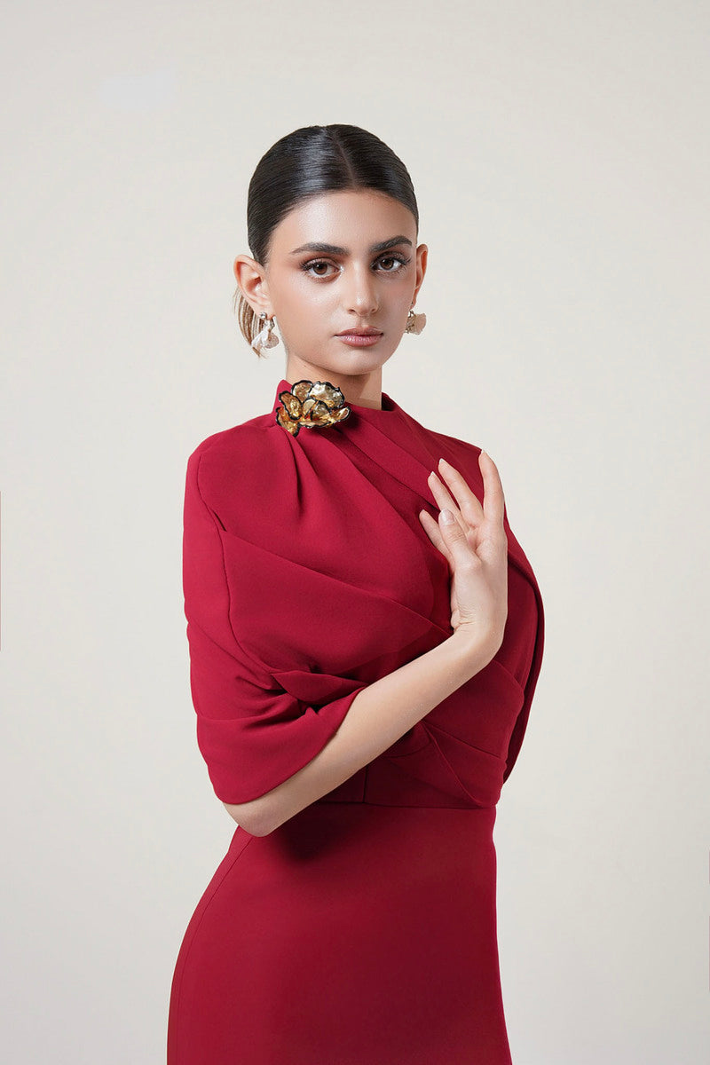 Red MOAZ maxi dress by HACCHIC COUTURE, flowing fabric and elegant design perfect for stylish occasions.
