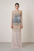 HACCHIC COUTURE ombre crystal 3D flower gown featuring intricate floral appliqué and shimmering crystal details.