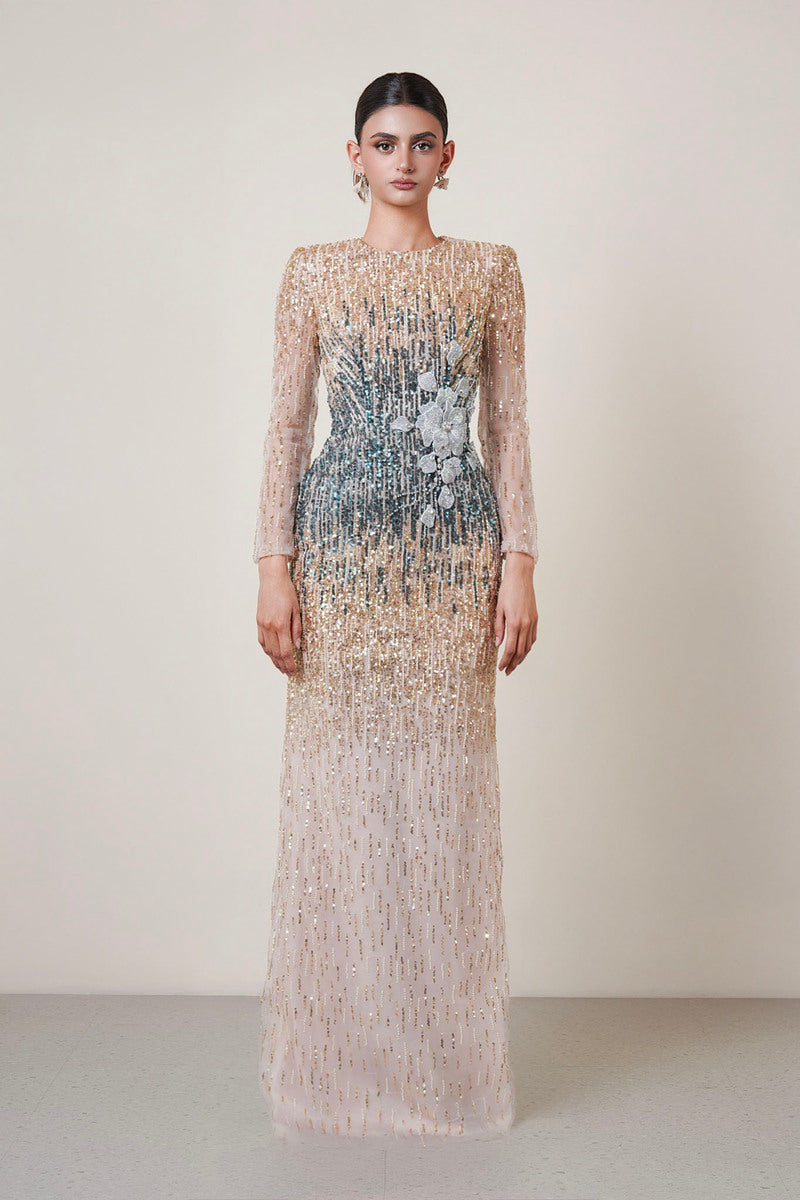 HACCHIC COUTURE ombre crystal 3D flower gown featuring intricate floral appliqué and shimmering crystal details.