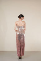 Elegant rose sequin gown by HACCHIC COUTURE featuring intricate sequin details and a flowing silhouette.