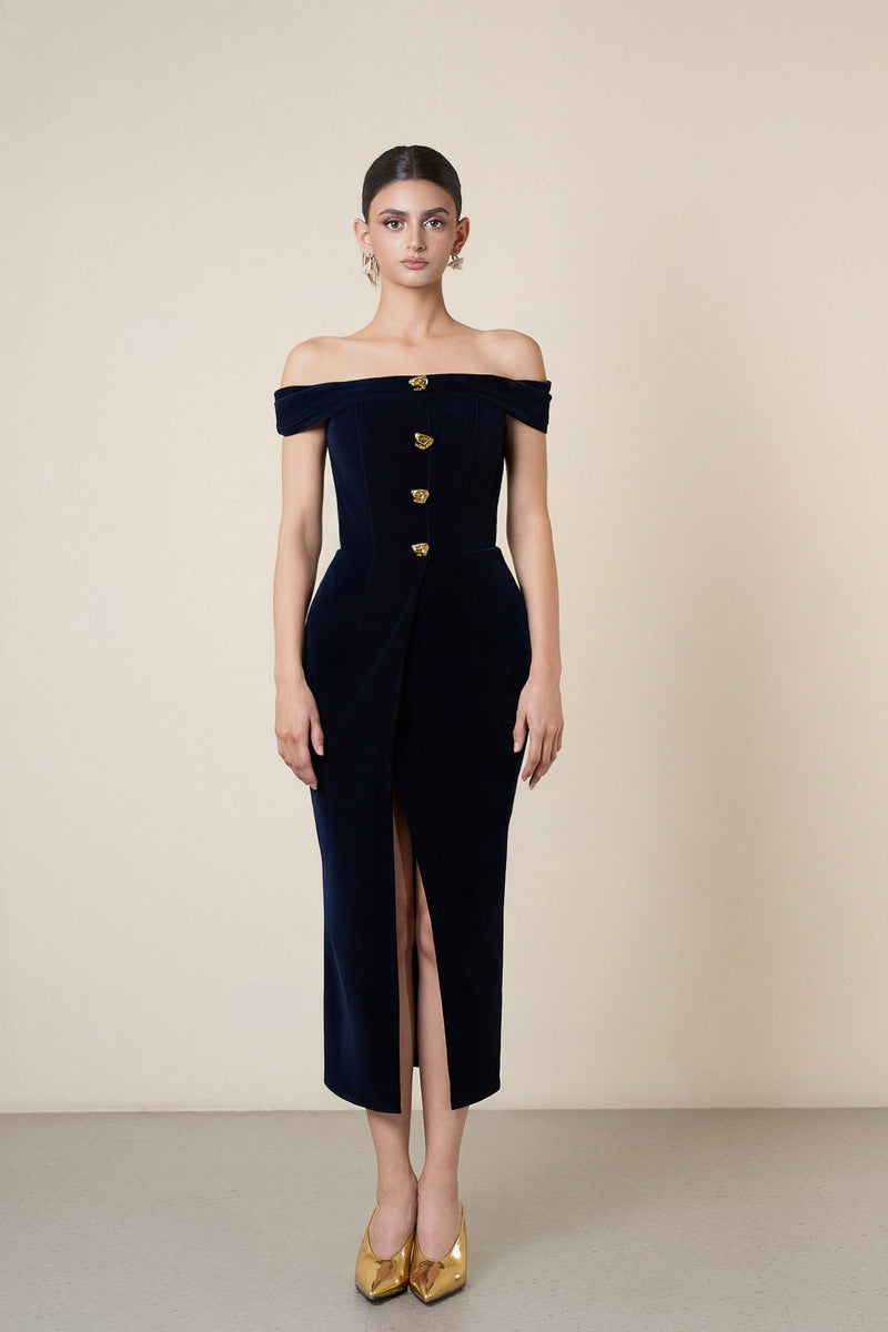 OFF-SHOULDER BUTTON DRESS IN BLACK - CULT MIA