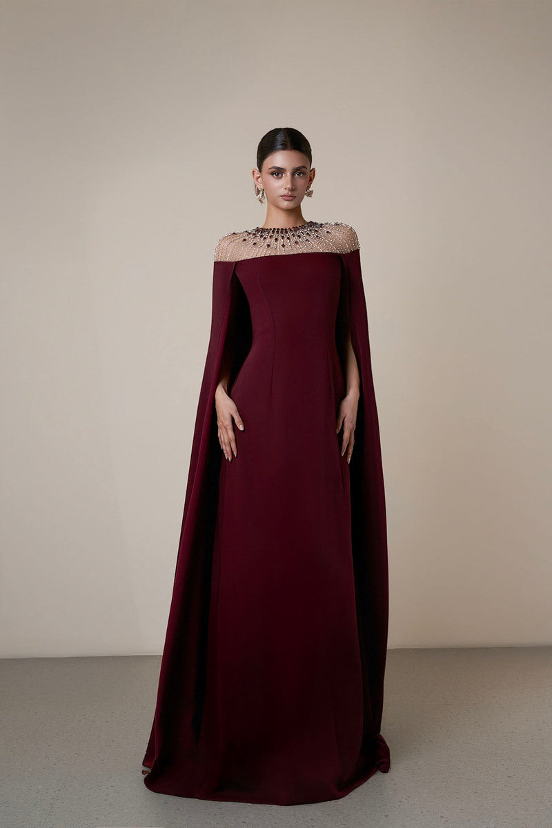 LONG SLEEVE GOWN IN BURGUNDY - CULT MIA