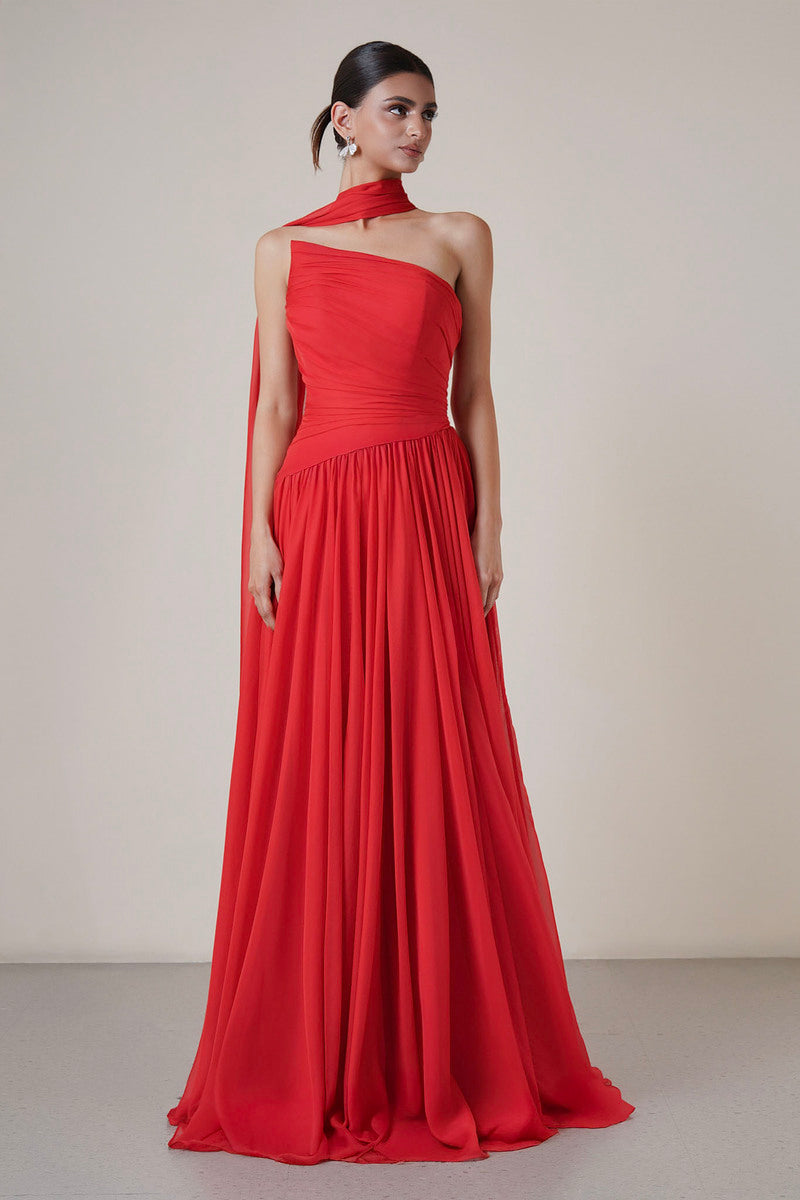 red dress with pleats Tracy Studio STRAPLESS PLEATED FULL DRESS