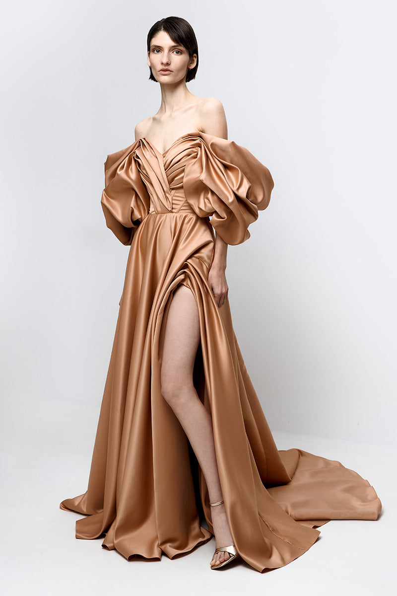 VOLUME SCULPTED DRESS IN CARAMEL - CULT MIA