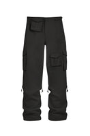 Black Stolen Stores cargo pants with multiple pockets and relaxed fit, shown on a model in a casual setting.