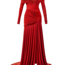 Deme By Gabriella Carla maroon draped gown displayed on a model, featuring elegant fabric and sophisticated design.