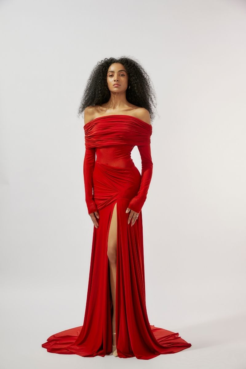 Deme By Gabriella Carla Maroon Draped Gown featuring elegant flowing fabric and a flattering draped design.