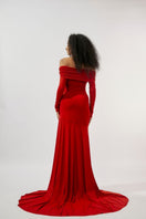 Deme By Gabriella Carla Maroon Draped Gown with elegant flowing fabric and sophisticated design, perfect for formal occasions.