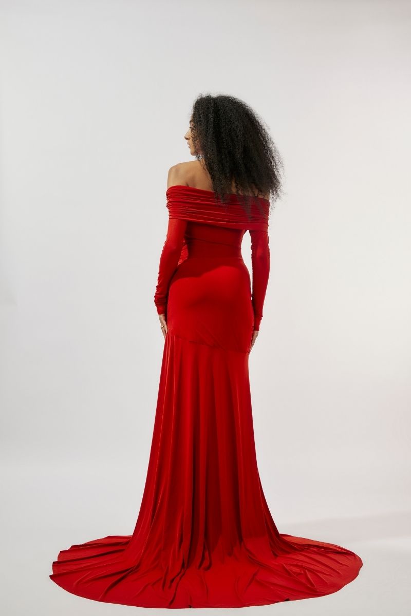 Deme By Gabriella Carla Maroon Draped Gown with elegant flowing fabric and sophisticated design, perfect for formal occasions.