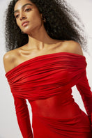 Deme By Gabriella Carla Maroon Draped Gown featuring elegant fabric and flowing design, perfect for formal occasions.