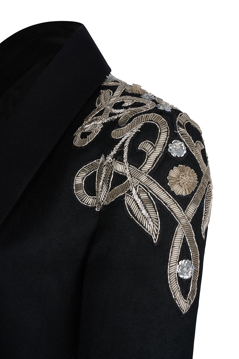 Nadya Shah Carmen black jacket, stylish blazer with tailored fit and classic lapel, suitable for casual or professional wear.