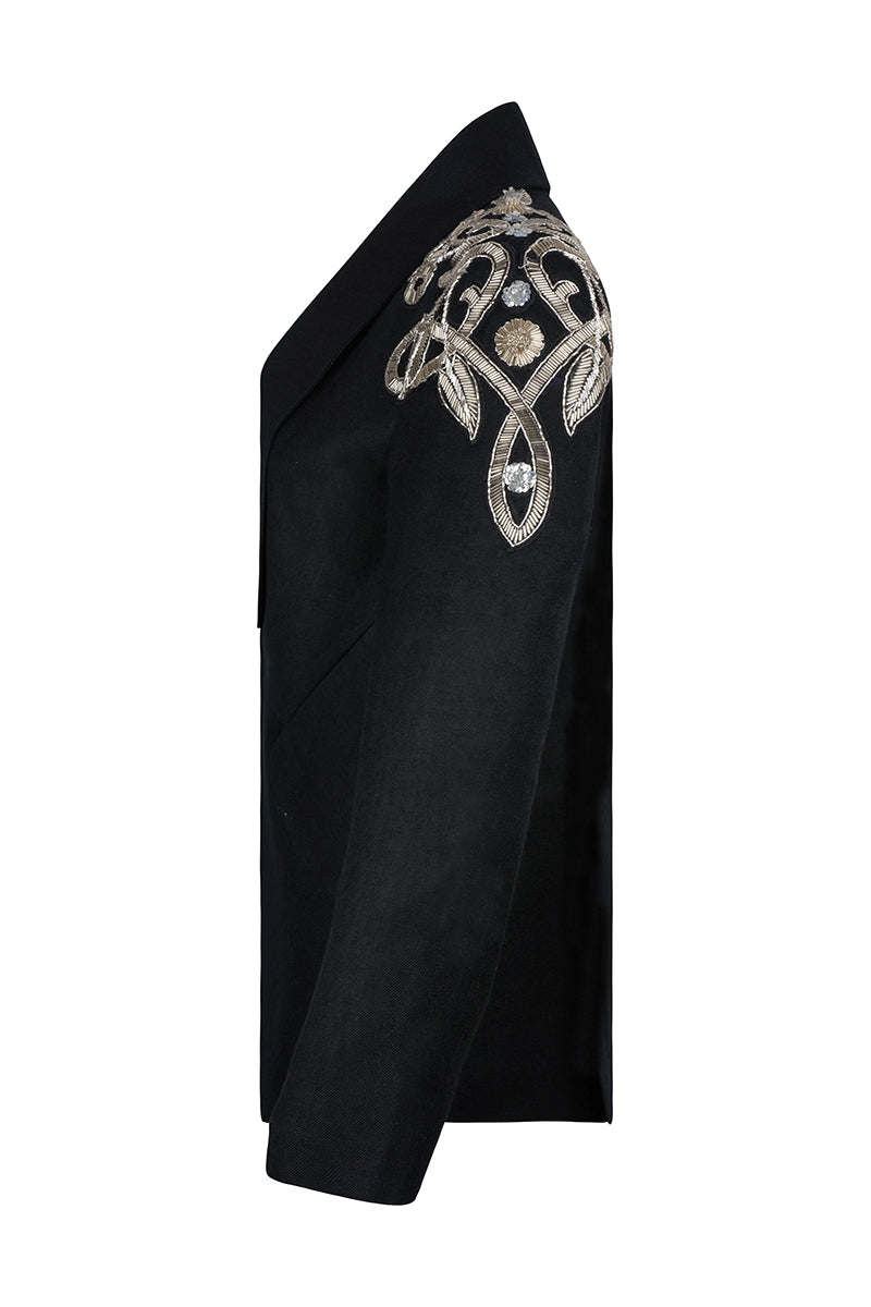 Nadya Shah Carmen Black Jacket, stylish women's blazer with tailored fit, black fabric, and classic lapel design.