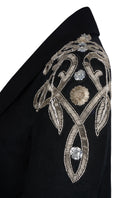 Nadya Shah Carmen black jacket featuring a tailored blazer style, with lapels and sleek design on a plain background.