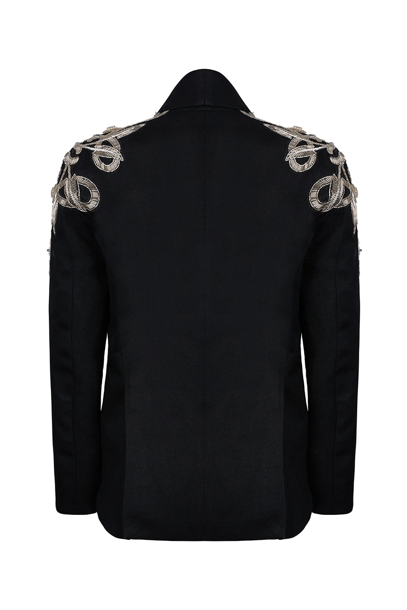 Nadya Shah Carmen black jacket, stylish blazer with structured fit, featuring lapels and long sleeves, perfect for casual or formal wear.