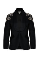Nadya Shah Carmen black blazer jacket with tailored fit and classic lapel, styled on a mannequin.