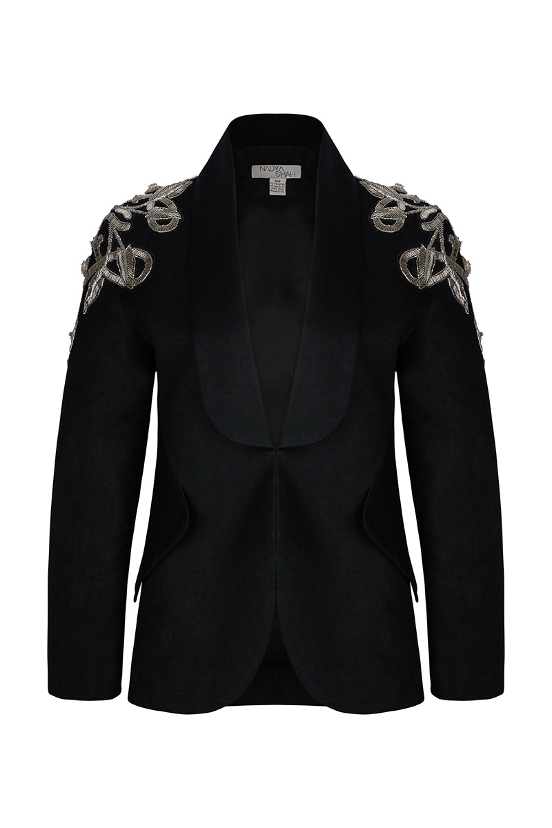 Nadya Shah Carmen black blazer jacket with tailored fit and classic lapel, styled on a mannequin.