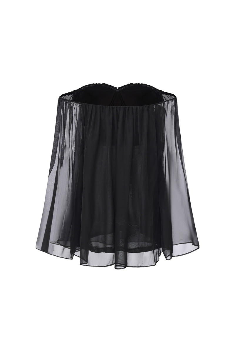 Black off-shoulder mini dress by Nana Jacqueline, featuring a fitted silhouette and stylish design, shown from the back.