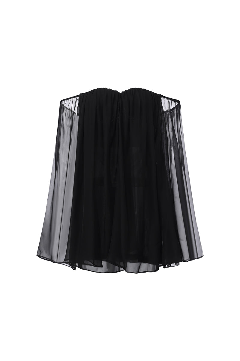 Black Nana Jacqueline Carmen mini dress with off-shoulder design, showcased from the front view.