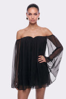 Black Carmen off-shoulder mini dress by Nana Jacqueline, fitted silhouette, stylish for casual or evening wear.