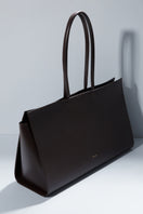 Medium brown suede Carolyn tote bag by POELLE, shoulder bag with sleek design and spacious interior.