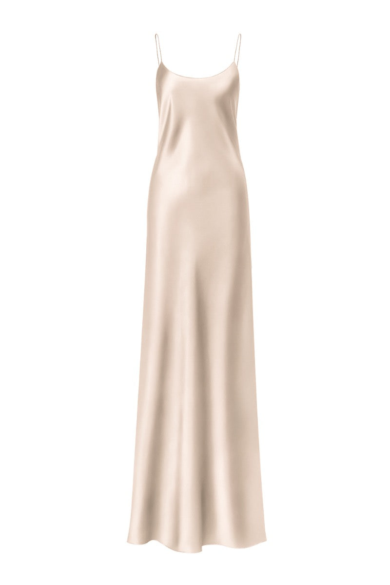 CAROLYN PEARL-BEIGE SCOOP-NECK SILK SATIN MAXI DRESS