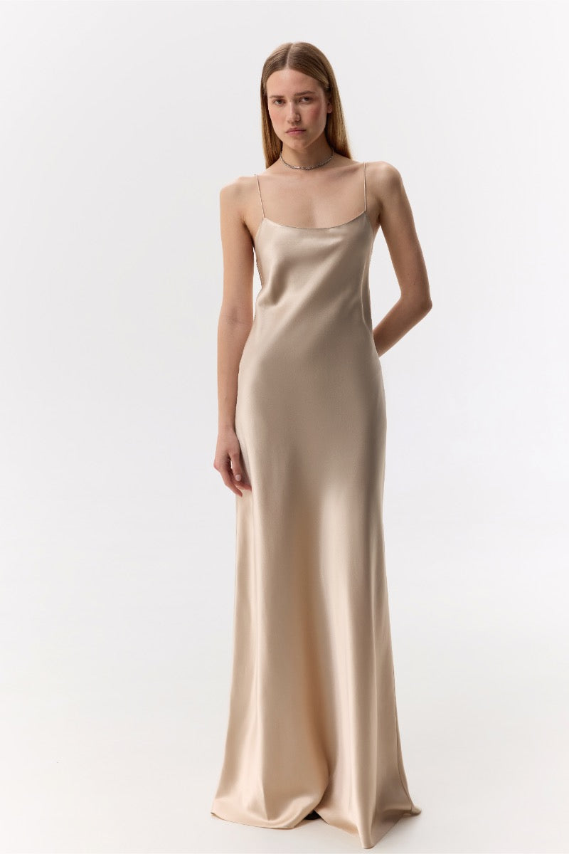 beige silk dress CAROLYN PEARL-BEIGE SCOOP-NECK SILK SATIN MAXI DRESS | CULT MIA