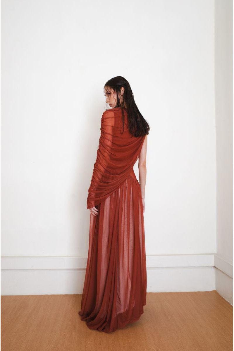 YASSMIN SALEH CASCADE DRESS IN RUST