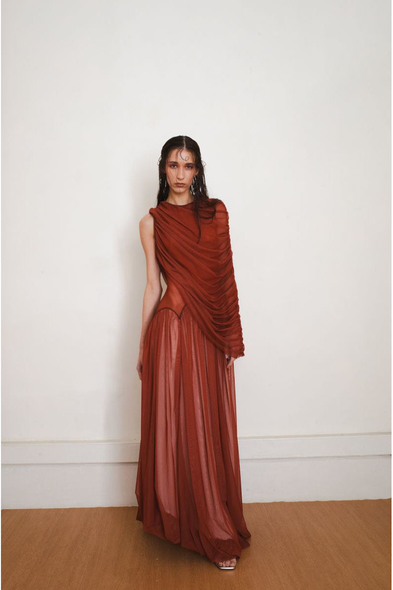 CASCADE DRESS IN RUST