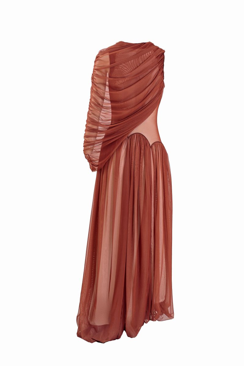 Rust-colored cascade maxi dress by Yassmin Saleh featuring a flowing design and ghost back detail.