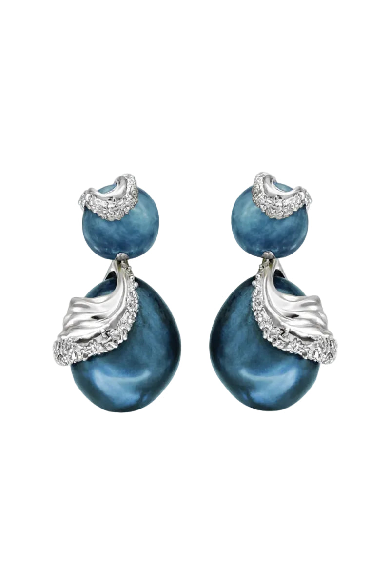 Blue rhodium cascade earrings by Jude Benhalim featuring elegant, flowing design with multiple layers of sparkling earrings.
