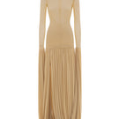 Poem Cascade gown in warm sand color, elegant gown with flowing fabric and cascading design, photographed on a white background.